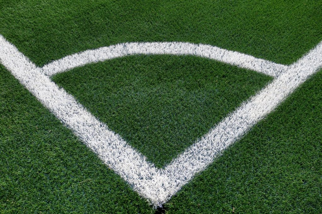 football field, corner, artificial turf, mark, white, nature, football, grass, lawn, line, playing field, football pitch, ball game